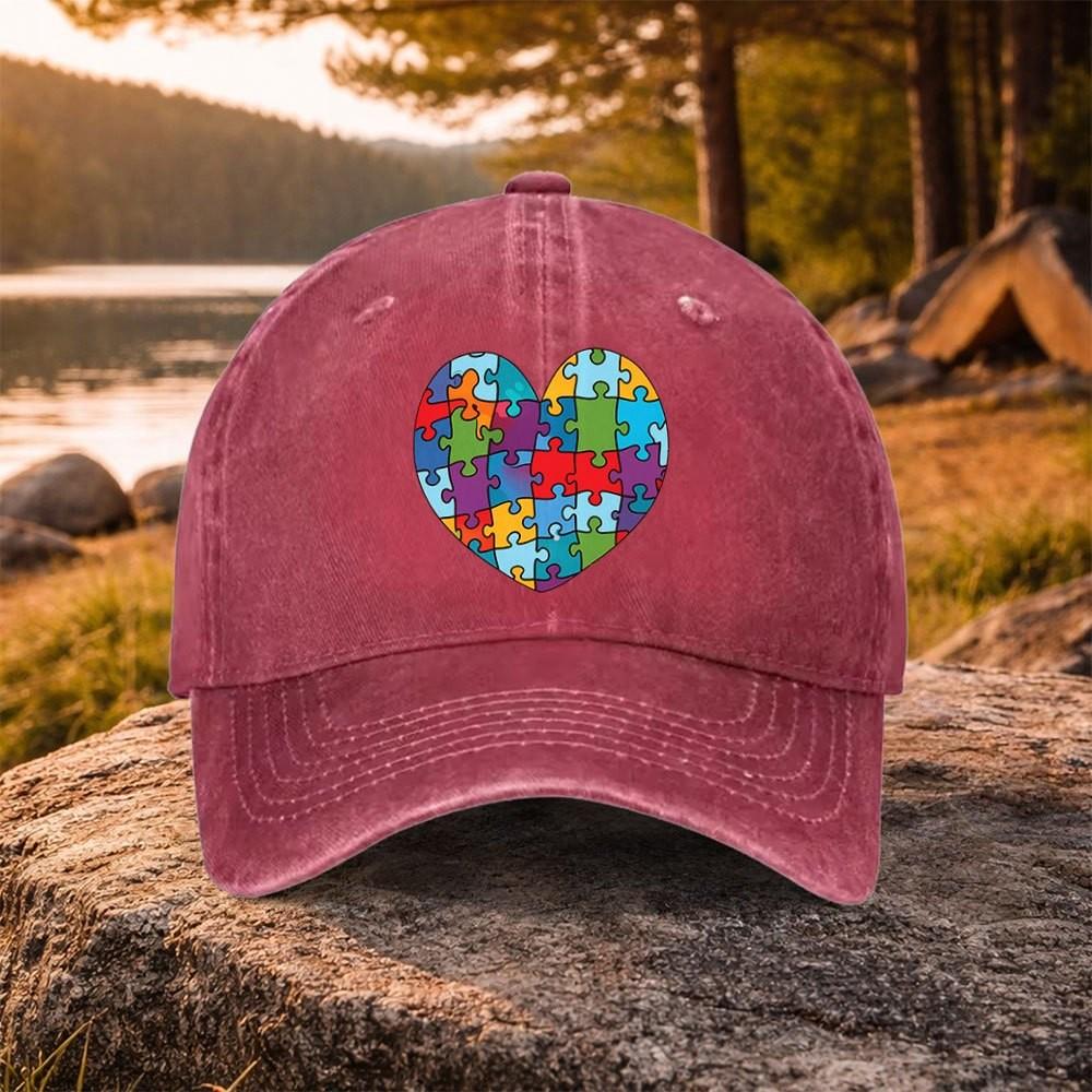 Autism Awareness Heart Puzzle Washed Baseball Cap Adjustable Cotton Outdoor Golf Hat