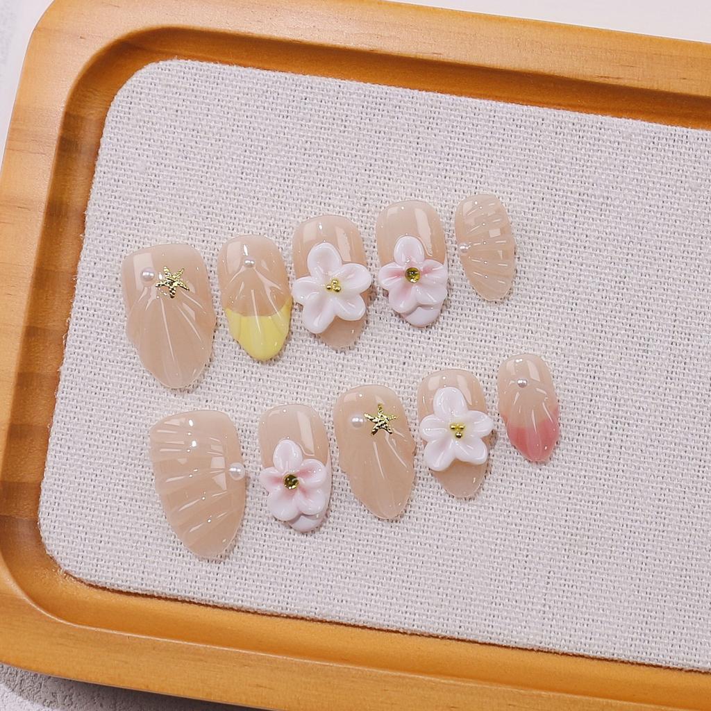 10pcs 3D Emboss Flower Press On Nails Summer Shell Sea Nail Art Cute Pearl Handmade False Nails French Short Almond Fake Nails