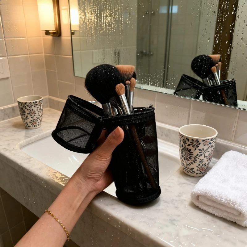 Portable Makeup Brush Storage Bag Mesh Dual-use Brush Case Simple Large Capacity Brush Bucket Holder Travel Stand-up Pouch