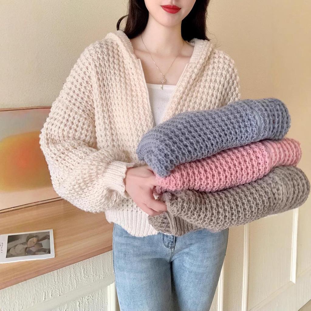 Korean Style Women's High Collar Thick Knit Zipper Sweater Jacket