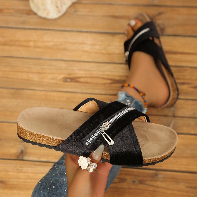 

Sandals 2025 summer European and American new flat-bottomed casual cross-zipper decorative men s and women s flat-bottomed slippers 43 чёрный
