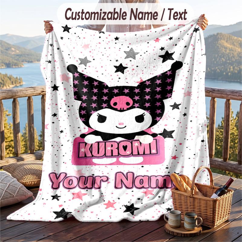 Custom Text Flannel Throw Blanket, Lightweight Cozy Bed Sofa BlanketKuromi