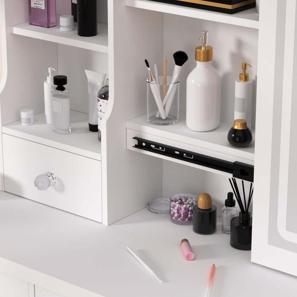 Vanity Desk with LED Lighted Mirror Bedroom Dressing Table Makeup Desk with Stool 5 Drawers Open Shelves Hidden Storage Space