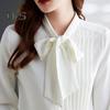 Women Shirt Stand Collar Lace-up Bowknot Long Sleeve Pleated Pullover Tops Solid Color Loose Fit Chiffon Blouse