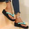 Fashion Casual Yarn Ball Decoration Flip Flops Women 2025 Summer Round Toe Black Wedge Heels Slippers Comfortable Non Slip Beach Sandals