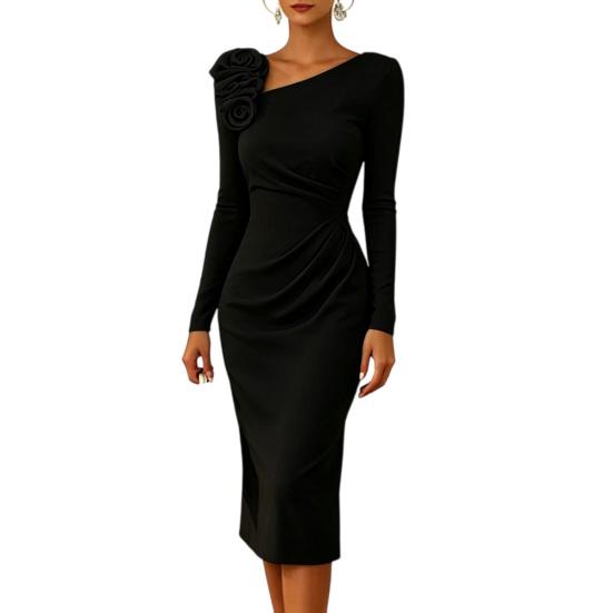 Huaqianguhh Vestito Midi Bodycon da Donna per Feste Cocktail, Manica Lunga Fiore 3D Pieghettato Abito Formale da Ospite di Matrimonio da Sera
