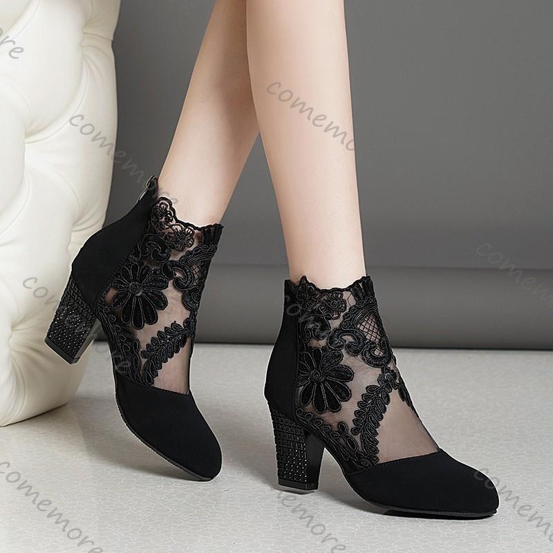 Comemore 2025 New Women High Heels Lace Flower Ankle Strap Hollow Out Sandals Round Toe Zip Pumps Black Sandales Femmes