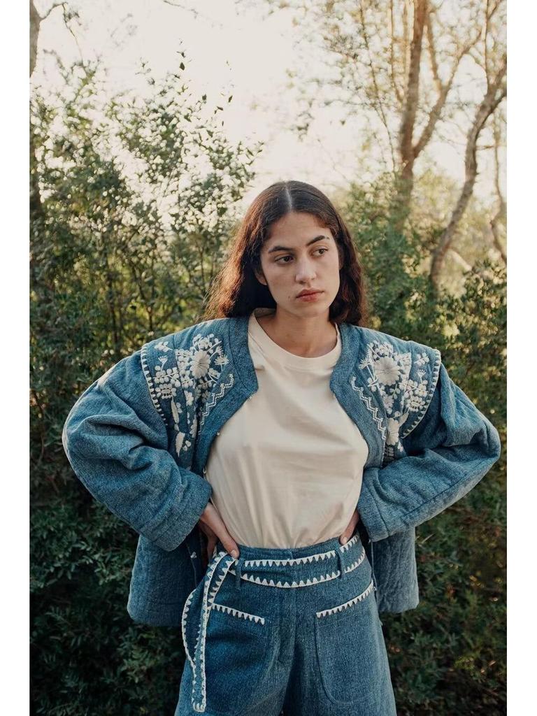 Retro Style Women's Denim Cotton Jacket: European-American Fashion Print, Open Front, Warm Coat