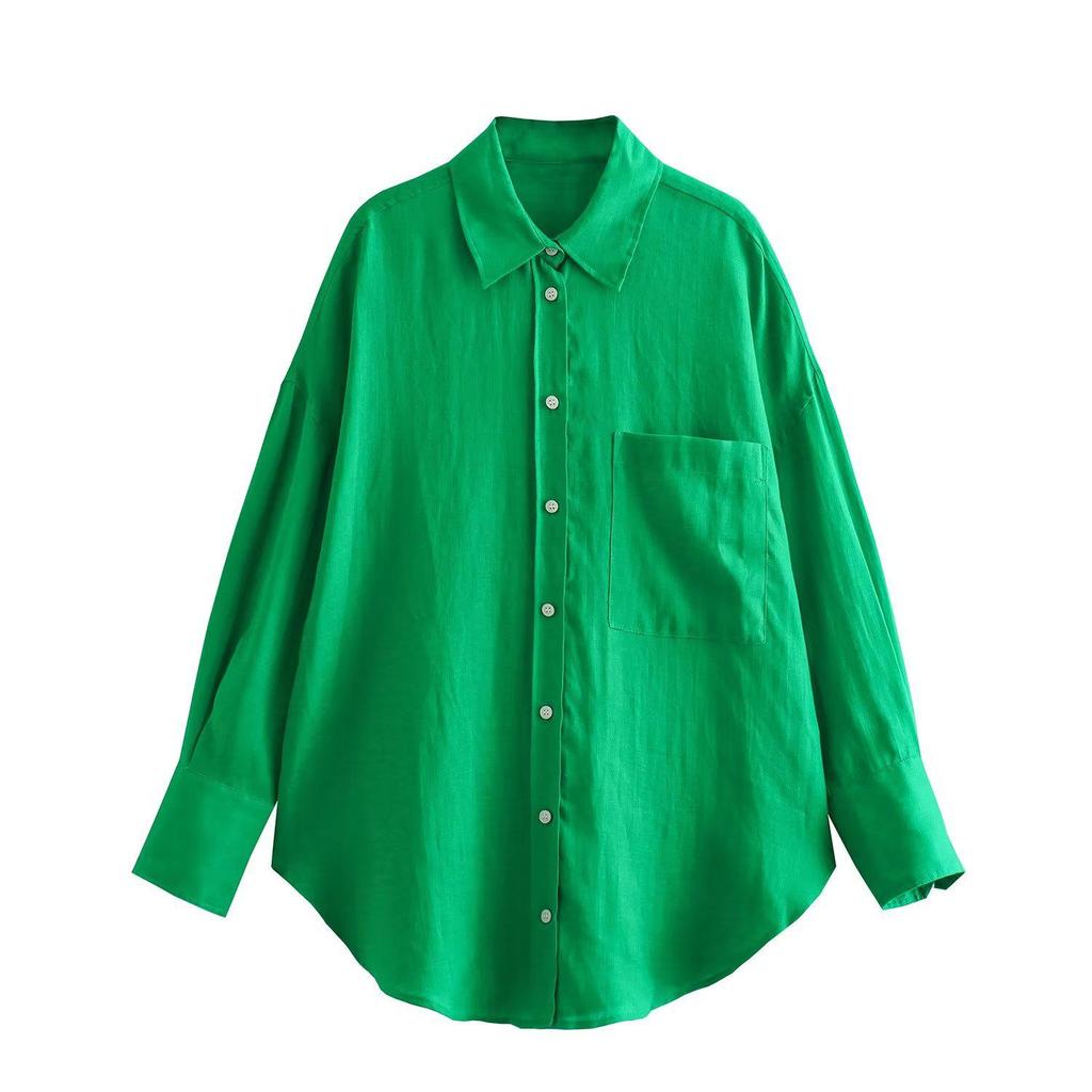 2023 Autumn New European & American Street Style Multi-color Long Sleeve Solid Linen Shirt with Pocket Detail