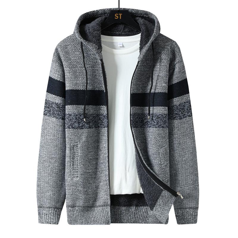 Winter Striped Mens Sweater Coat Thick Fleece Warm Zipper Wool Hooded Cardigan Jumpers Men Long Sleeve Knitted Sweaters