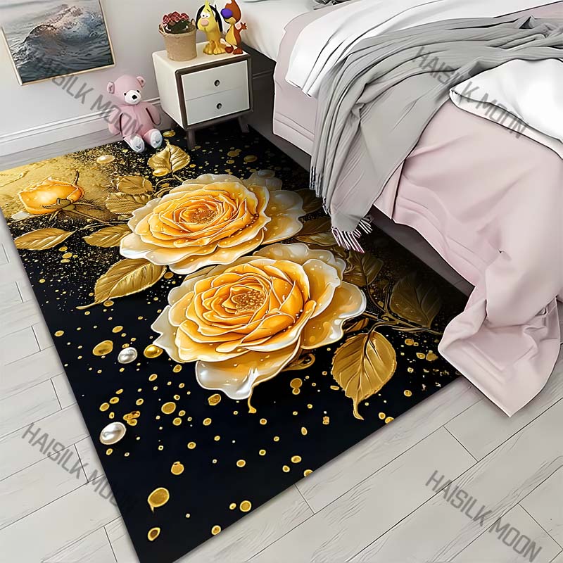 Creative Golden Flowers Pattern Carpet for Living Room Bedroom Bedside Floor Mat Sofa Table Area Rugs Home Decor Large Size