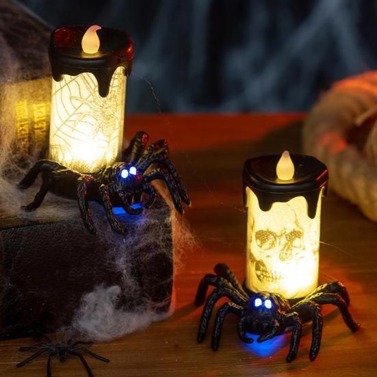 Halloween Spider Candle Lamp Flameless Skull Spider Candle Light Scary Light-up LED Candle Table Centerpiece for Halloween Party Decorations