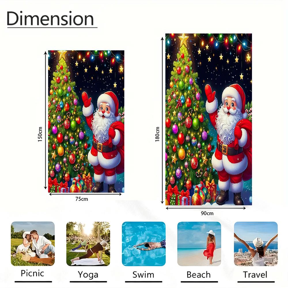 Festive Winter Santa Print Soft Microfiber Beach Towel Vintage Gift Scroll Lightweight Outdoor Travel Blanket