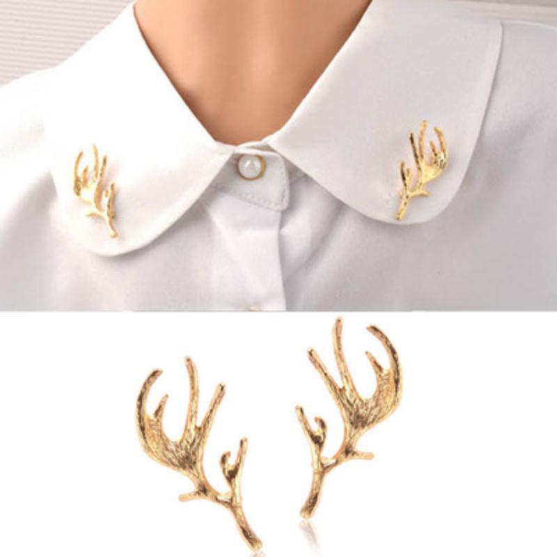 Korean Style Personality Gold Simple Deer Antler Collar Buckle Collar Pin Women's Clothing Badge Men's Shirt Collar Corner Accessories