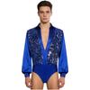 Mens Latin Ballet Dance Bodysuit Glittery Sequined Bodice V Neck Satiny Long Sleeves Buttoned Crotch Leotard