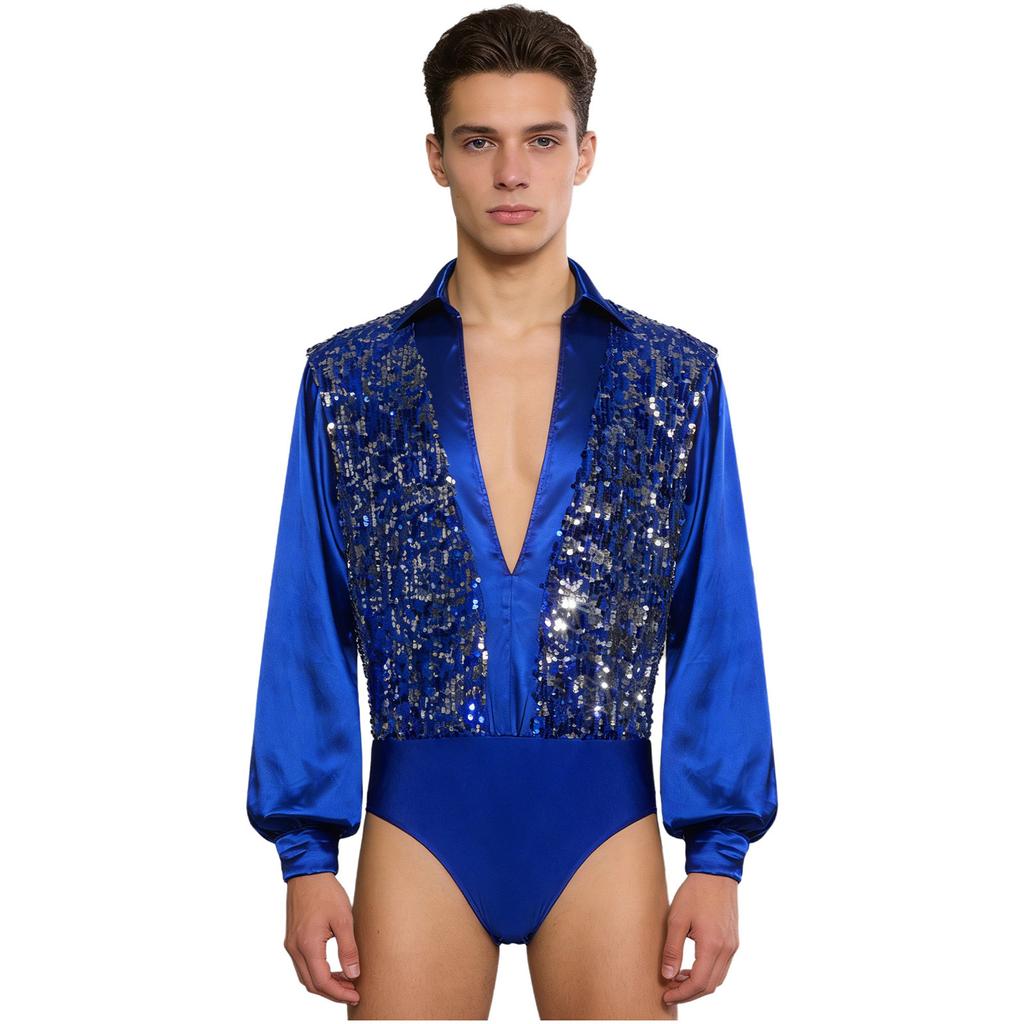 Mens Latin Ballet Dance Bodysuit Glittery Sequined Bodice V Neck Satiny Long Sleeves Buttoned Crotch Leotard