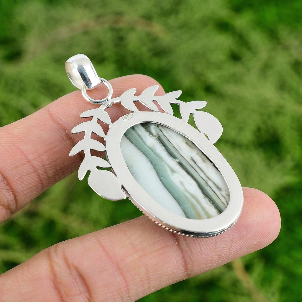 925 Sterling Silver Oval Blue Rhodochrosite Stone Heart Chakra Pendant Jewelry