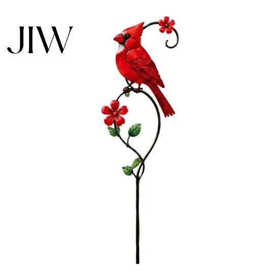 Outdoor Metal Yard Art Red Bird Garden Stake, Spring Accents Flower And Ornament for Patio Lawn Pathway Memorial Site Tribute Stakes