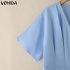 VONDA Women Girls V Collar Short Sleeve Ruffled Slim Waist Casual Blouse