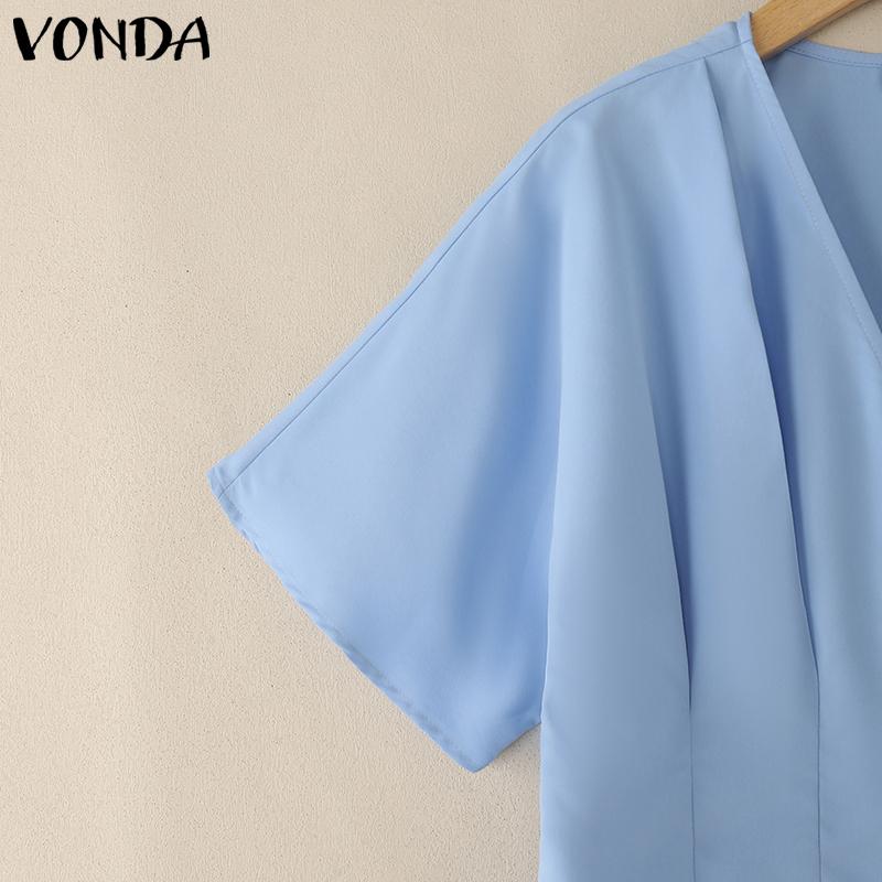 VONDA Women Girls V Collar Short Sleeve Ruffled Slim Waist Casual Blouse