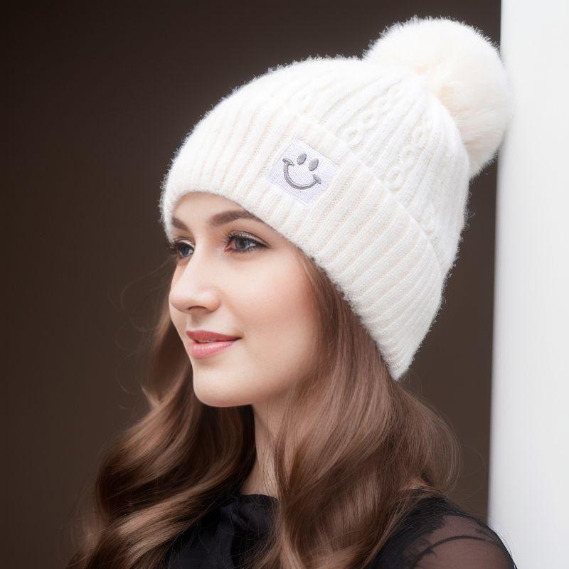Women's Fleece-Lined Pom Pom Knit Hat - Warm, Versatile, with Ear Protection for Autumn & Winter.
