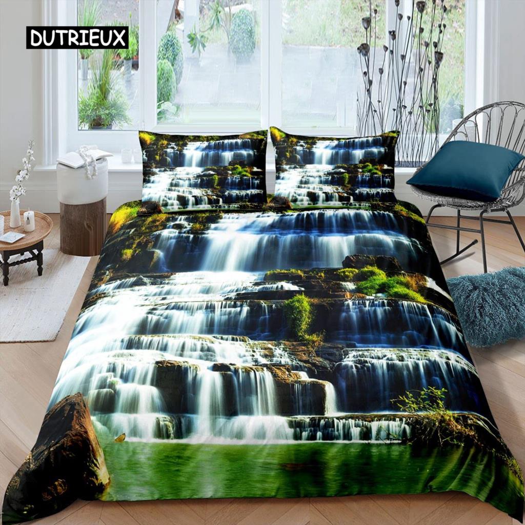 3D Waterfall Duvet Cover Set King Size Microfiber Botanical Floral Trees Pattern Bedding Set Purple Dream Theme Comforter Cover