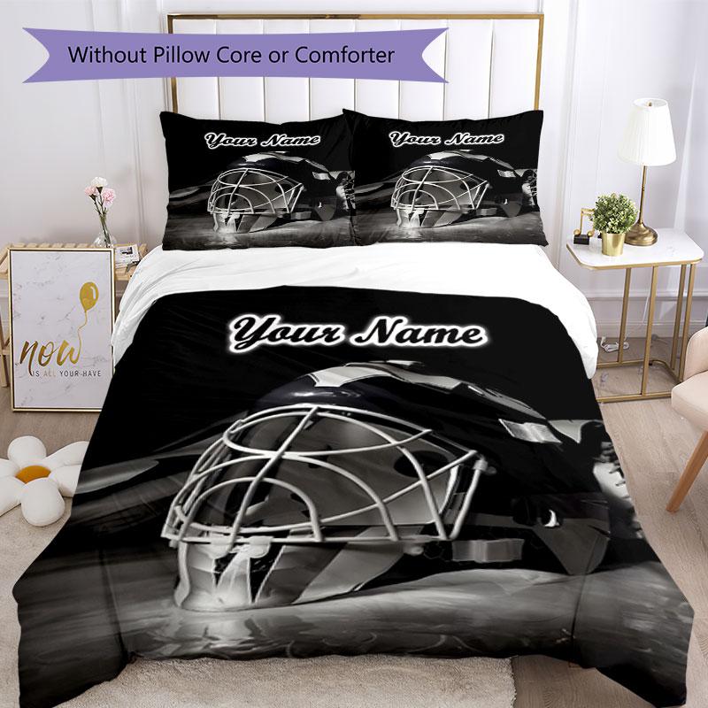 3-teiliges Hockey-Torwartmasken-Bettwäscheset mit individuellem Namen Bettbezugverschluss Enthält 1 Bettbezug & 2 Kissenbezüge für das Schlafzimmer