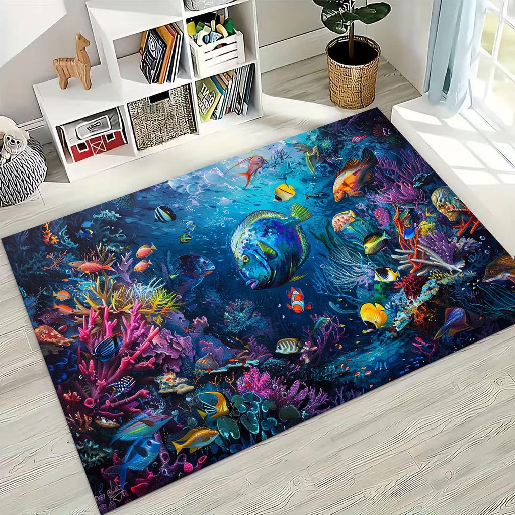 Dream Underwater World Sea Dolphin Turtle Coral Art Rug for Bedroom Living Room Sofa Home Doormat Decor,Kids Non-slip Floor Mat