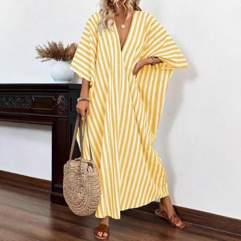 Europäisches & Amerikanisches Sommer 2026 V-Ausschnitt Gestreift Locker Freizeit Strandkleid