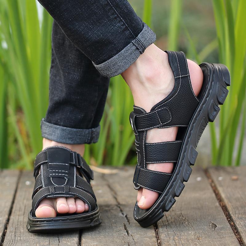 Fashion Summer Men's Brown Sandals New Beach Shoes Thick Soled Cowhide Sandals Men Outdoor Casual Non-slip Genuine Leather Sandals Man