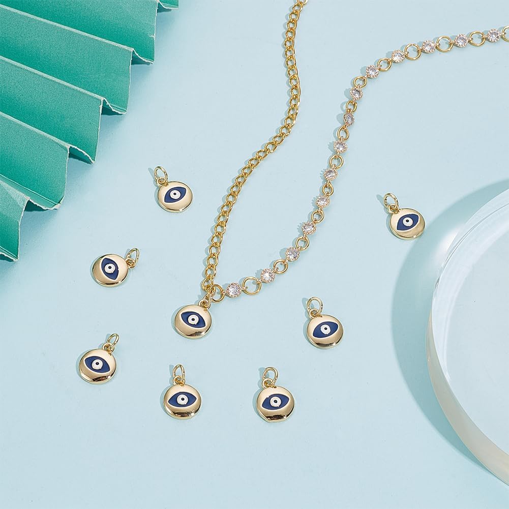 BENECREAT 10Pcs 18K Gold Plated Midnight Blue Evil Eye Enamel Charms, Flat Round Pendants with Jump Rings for DIY Necklace Bracelet Jewelry Making