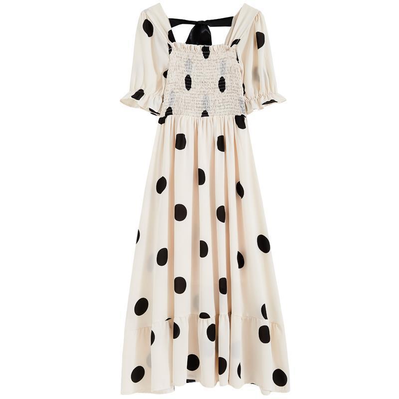 Sommerkleid mit Polka-Dots für Damen, Kleid, das den Bauch bedeckt und für die Freizeit schlank macht, süßer Preppy-Stil, ausgehöhltes Rückendesign, Feenrock, altersreduzierendes Pendeln