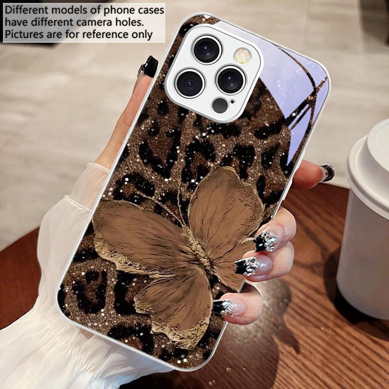 Leopard Purple Butterfly For IPhone 16 Pro Max 15 Pro 14 13 12 Mini 11 XS M ax XR 7 8 Plu SE 2022 Tempered Glass Phone Case