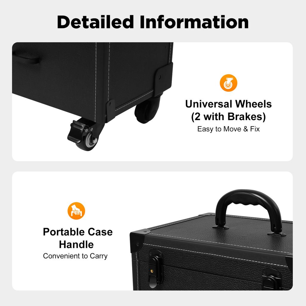 Large Rolling Makeup Case On Wheels, Professional Mobile Organizer Cart with Drawers for Makeup Artists, Cosmetics & Nail Polish