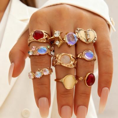 9-teiliges Set Persönlichkeit Luxus Mondstein Rosa Zirkon Verstellbare Öffnung Ring für Damen Retro Mode Faltbare Finger Schmucksets
