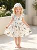 Mädchen 2-teiliges Sommerkleid-Set, Blusenärmel-Blumenmuster-Sonnenkleid mit passendem Sonnenhut, Kleinkind Kinder Süße Outfits 9M-6J