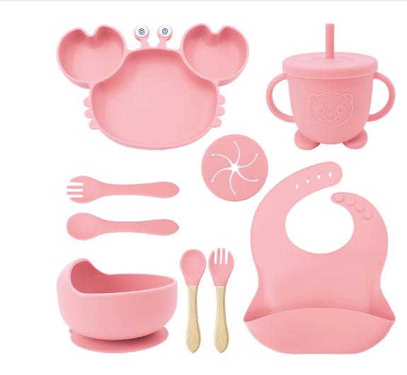 9Pcs Crab Plate For Baby Silicone Tableware Suction Cup With Straw Cute Bowl Plate Tray Bibs Spoon Feeding Set For Kids