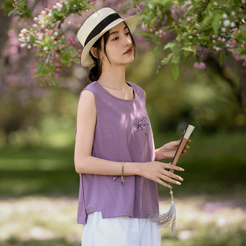 Women's Summer Chinese Style Embroidery Bottom Top Literary Sleeveless Comfortable Top