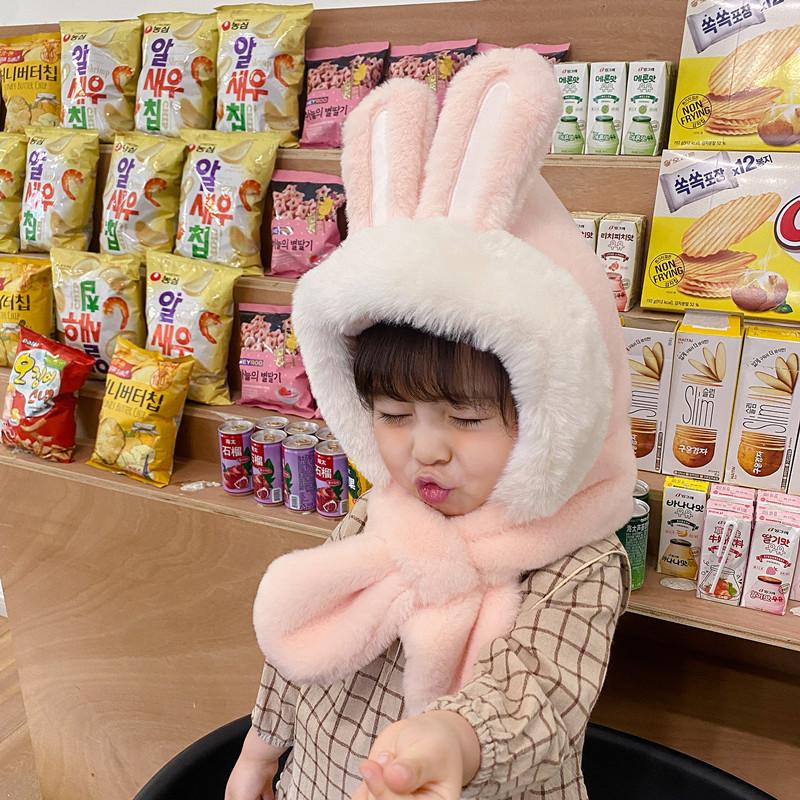 New Rabbit Ears Children's Hat and Scarf All in One Hat Warm Ear Protection Plus Plush Baby Plush Scarf Hat