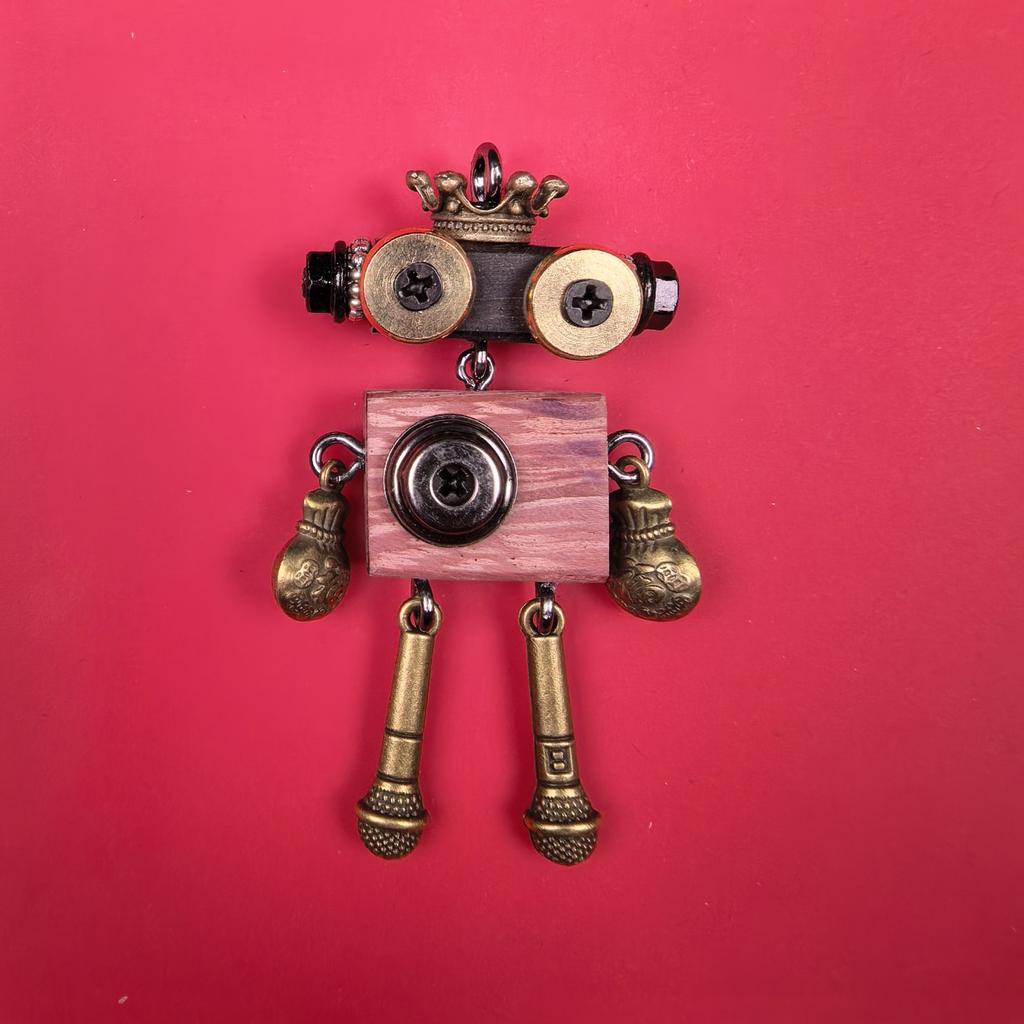 Handmade Punk Robot Pendant Wood Body Metal Eyes Legs Gun In Hand Necklace Keychain Pendant