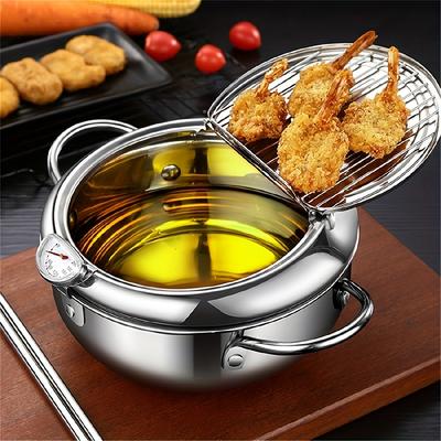 Termometre ve Kapaklı Paslanmaz Çelik Derin Kızartma Tencere - Süzgeç Raflı Japon Tarzı Tempura Kızartma Tencere