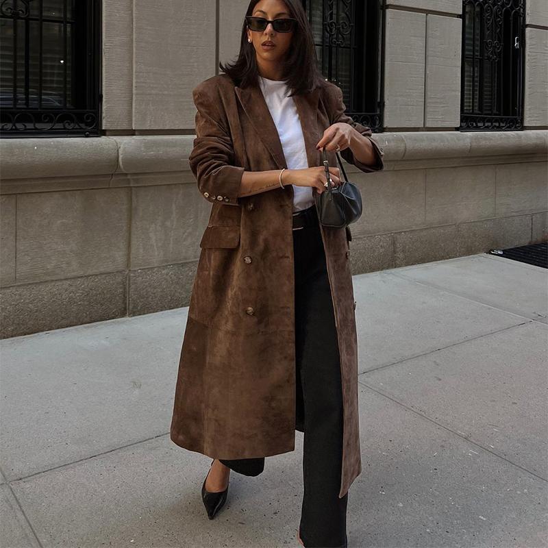 

Замшевое пальто с лацканами Женское ветрозащитное и теплое пальто прямого кроя Элегантная британская классика Повседневная верхняя одежда Осень/Зима 2025 L