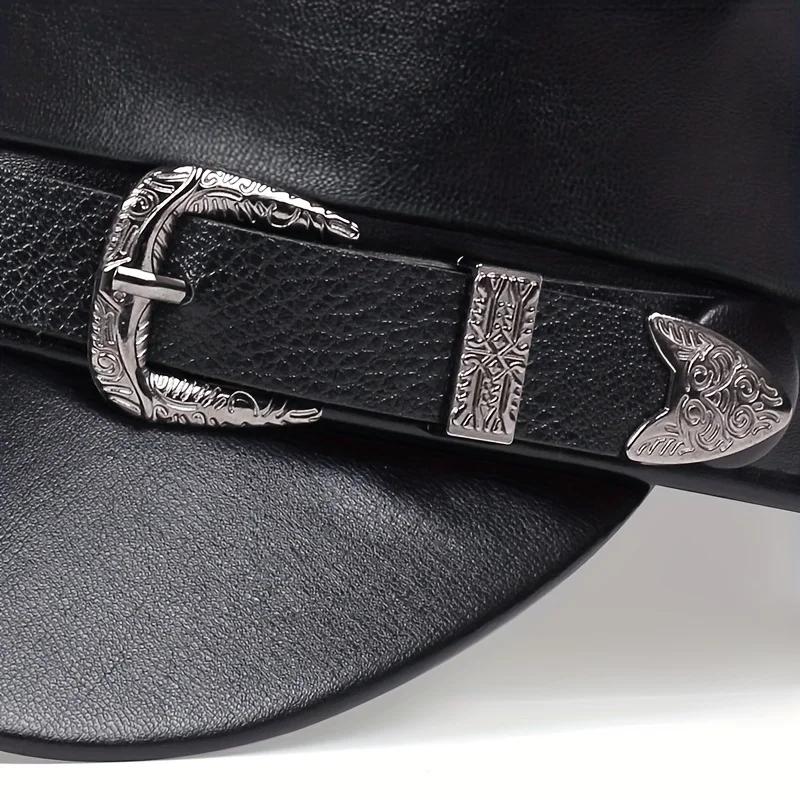Sailor Autumn Spring Hat Leather Buckle Belt Large Women Fashionable Trendy Hats Black Ladies Beret Caps Men Flat Top Captain Military Caps