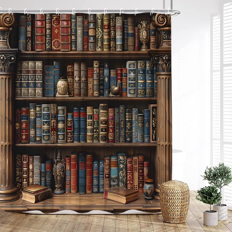 Vintage Bookshelf Shower Curtain Retro Book Green Plant Leaves Modern Fabric Home Wall Hanging Bathroom Curtain Decor with Hooks