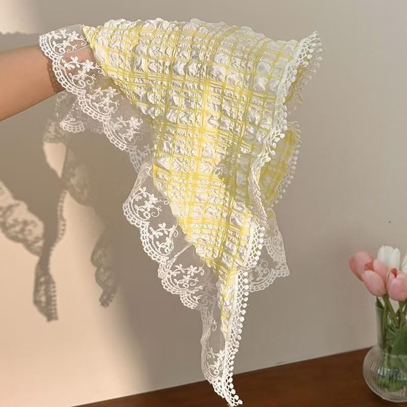 2026 Pastoral Style Lace Triangle Scarf Headband - Sweet Temperament Retro Plaid Ribbon Accessory.