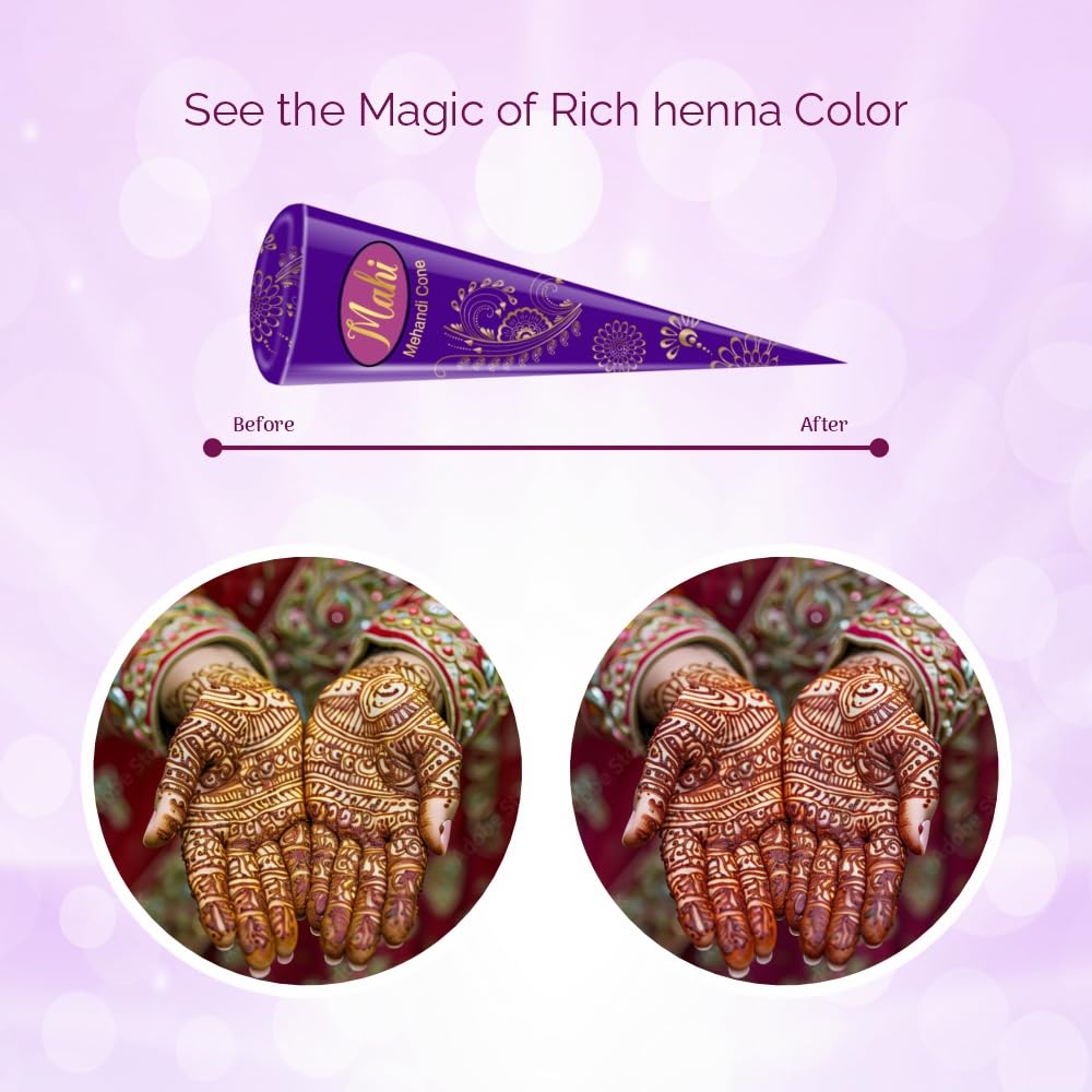 Mahi Mehandi Kegelpackung 1 Stück ( 25g X 12 Kegel) Mit Safranöl für langanhaltende dunkle Henna-Tattoo-Kunst