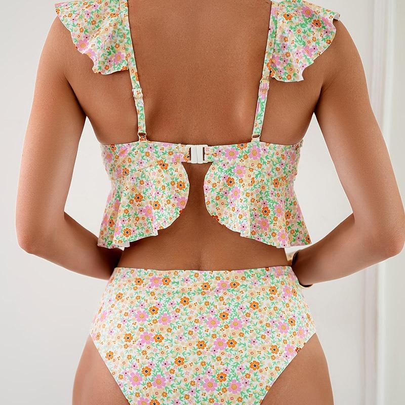 2025 Ruffle Floral Print Bikinis Women's Push Up Two-Piece Swimsuit Fashion Spilt Swimwear Summer Holiday Bathing Suit Beachwear