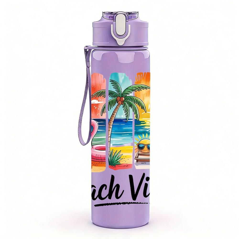 1PC Beach Vibes Tropical Retro Vacation Badge 750ml Color Plastic Sports Water Bottle Leakproof Flip Straw Lid Suitable for Sports Office Home Use