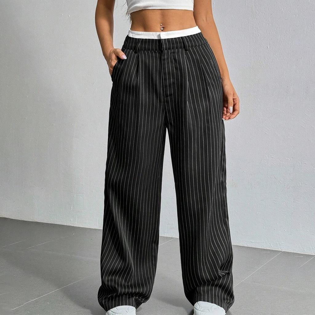 Women's Casual High Waist Patchwork Western Pants Draped Wide Loose Straight Pants