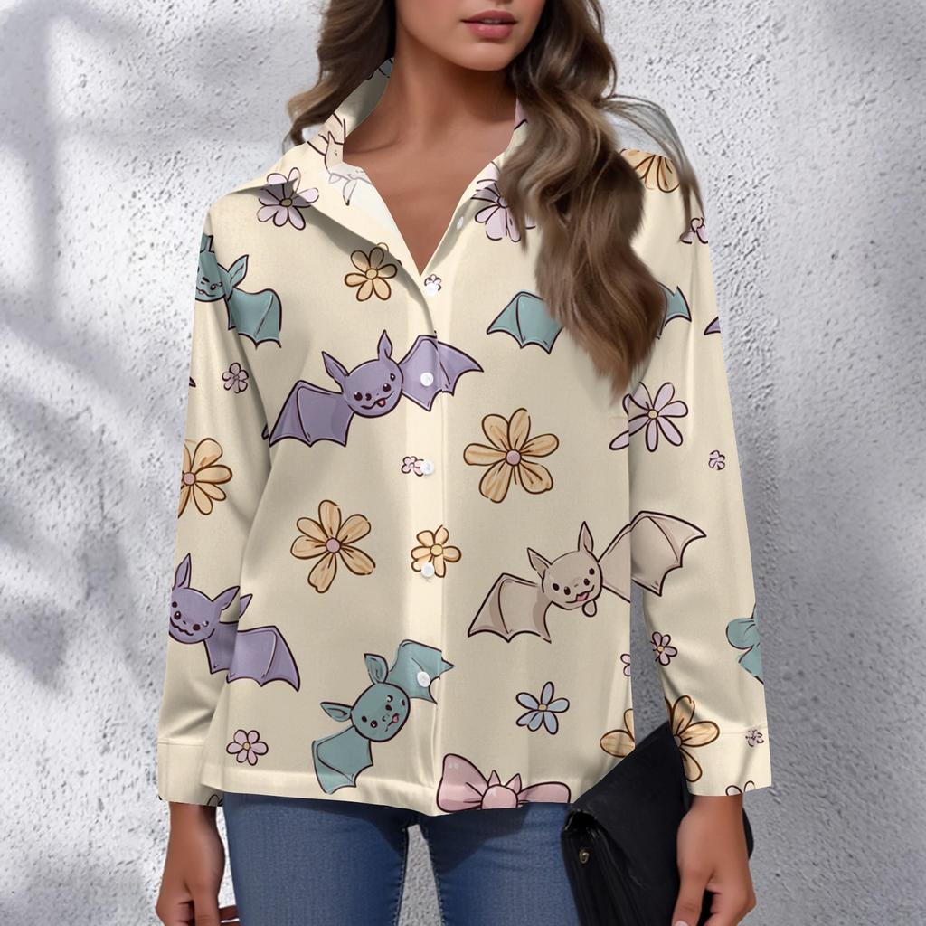 Women's Halloween Printed Casual Half-Open Collar Long Sleeve Shirt